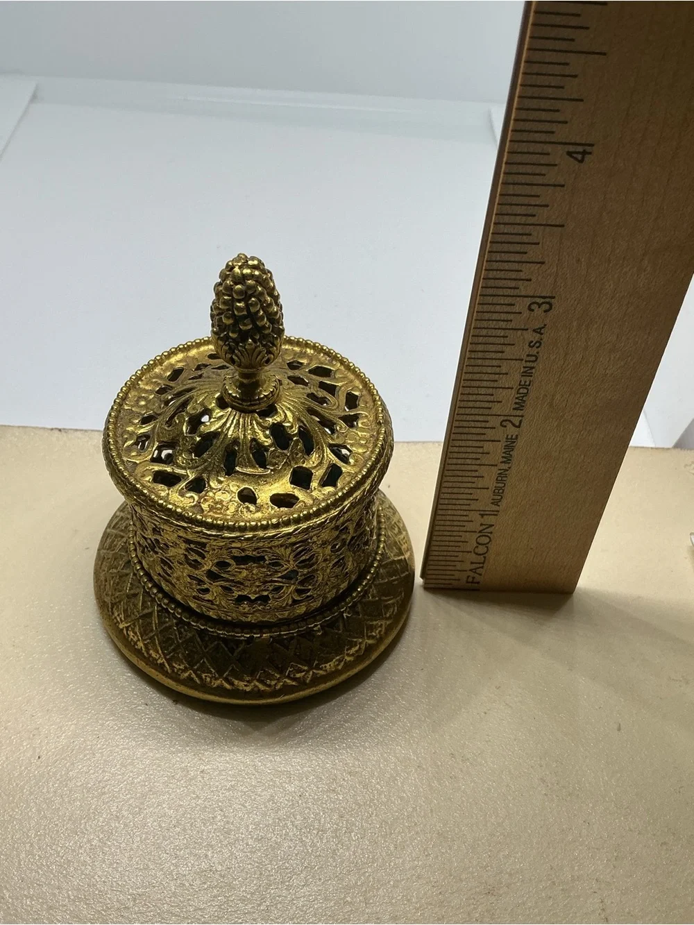 VTG Gold Plated Ormolu Filigree Double Ring Box Hinged Lid Blue Velvet